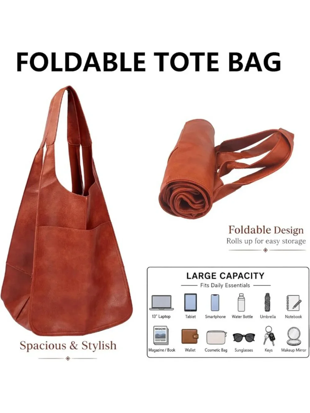 Oversized Leather Tote Bag - Huge Capacity Work Hobo, Soft Travel Shopping